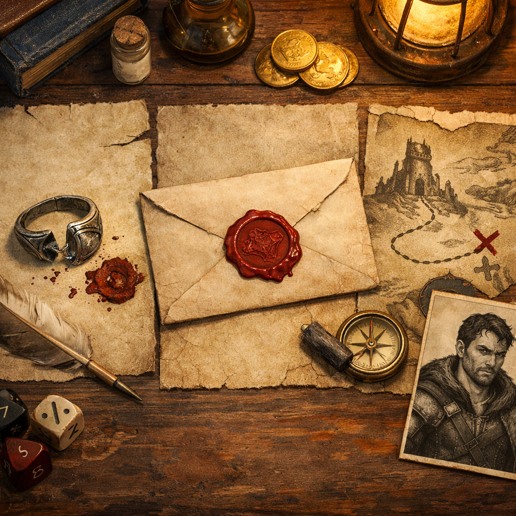 Three-part backstory framework showing past rupture, present pressure, and future goal as tabletop props