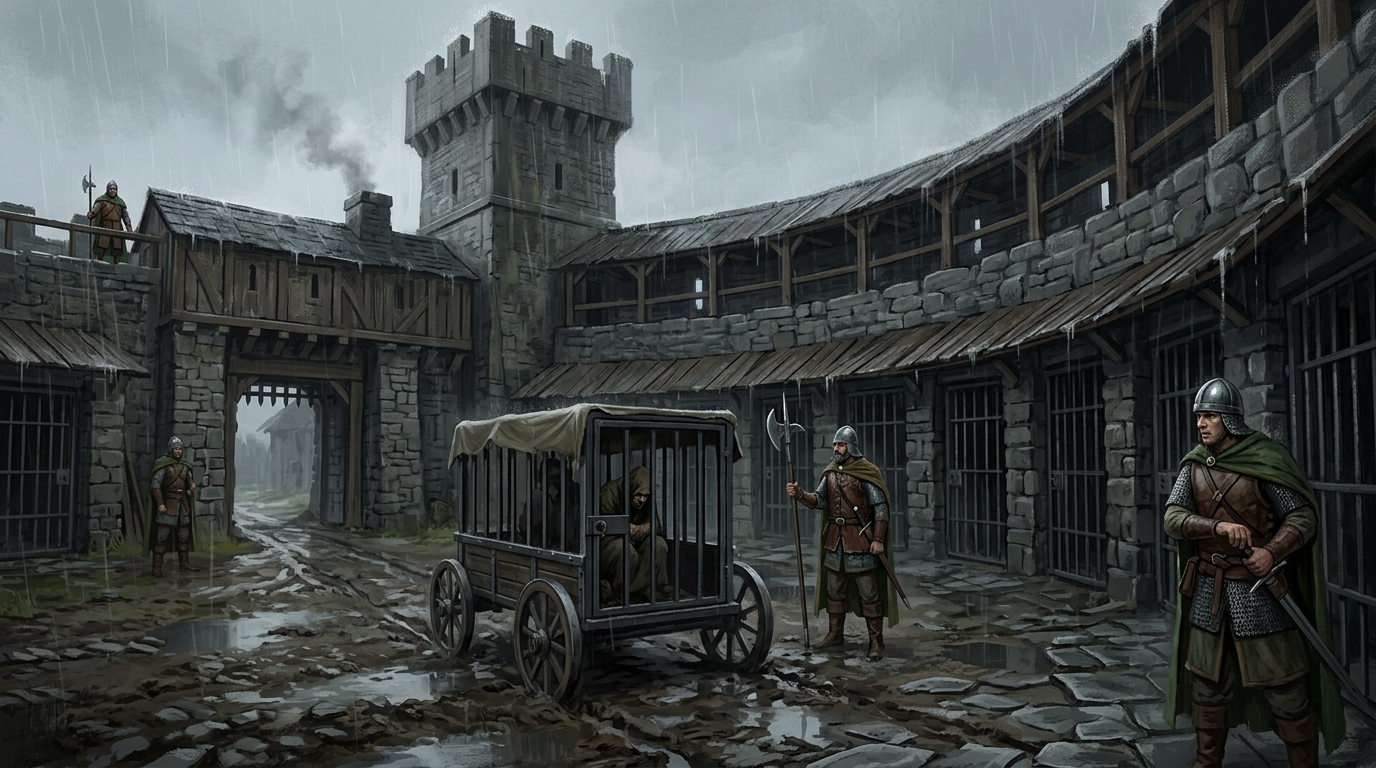 Border watchtower prison in rain with crowded cells, torchlit walls, and a tense transfer yard