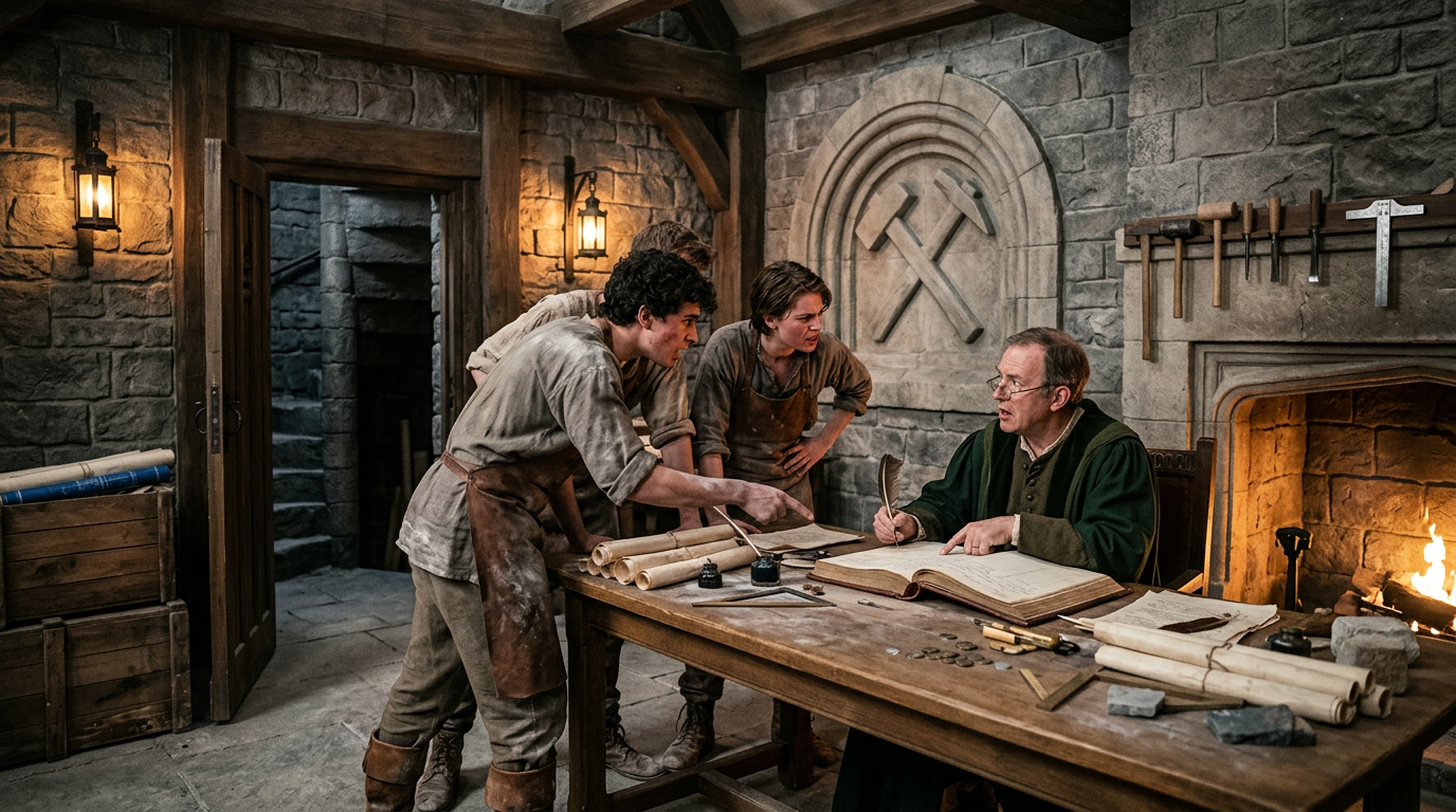 Fantasy guild hall ledger room with stonemason insignia, tense apprentices, and a secret basement archive