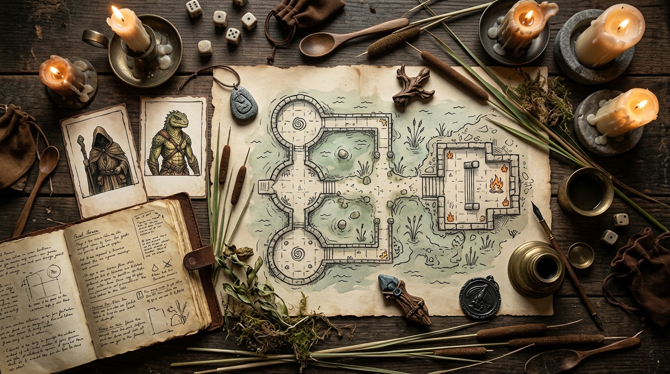 Building prep board showing a marsh temple brief, prompt notes, and linked NPC portraits for a GM workflow