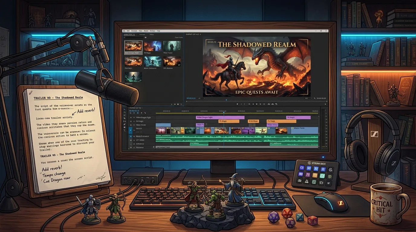 Fantasy trailer edit desk with preview screen, clip stacks, audio track notes, miniatures, and dice