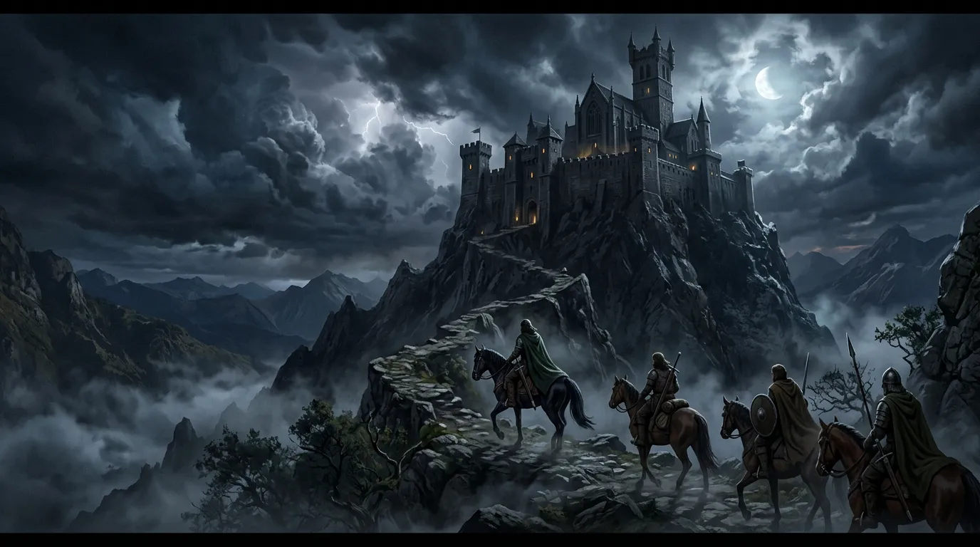 Gothic fantasy teaser shot for a tabletop RPG campaign with riders approaching a storm-lashed keep under moonlight