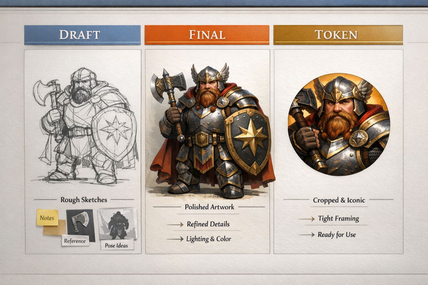 Comparison board showing draft lane, final lane, and token lane outputs for one D&D character concept