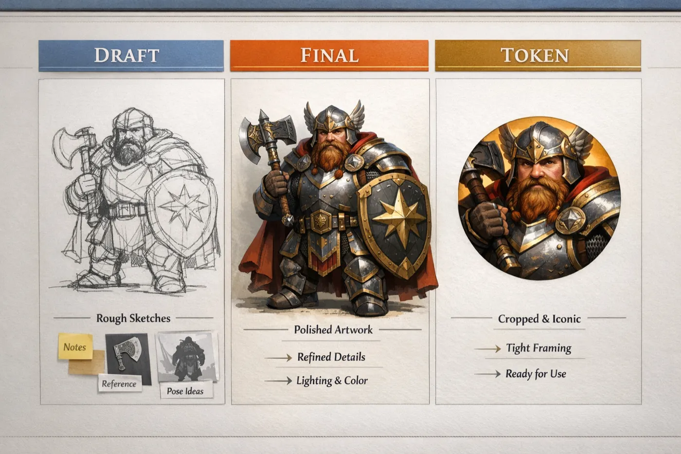 Comparison board showing draft lane, final lane, and token lane outputs for one D&D character concept