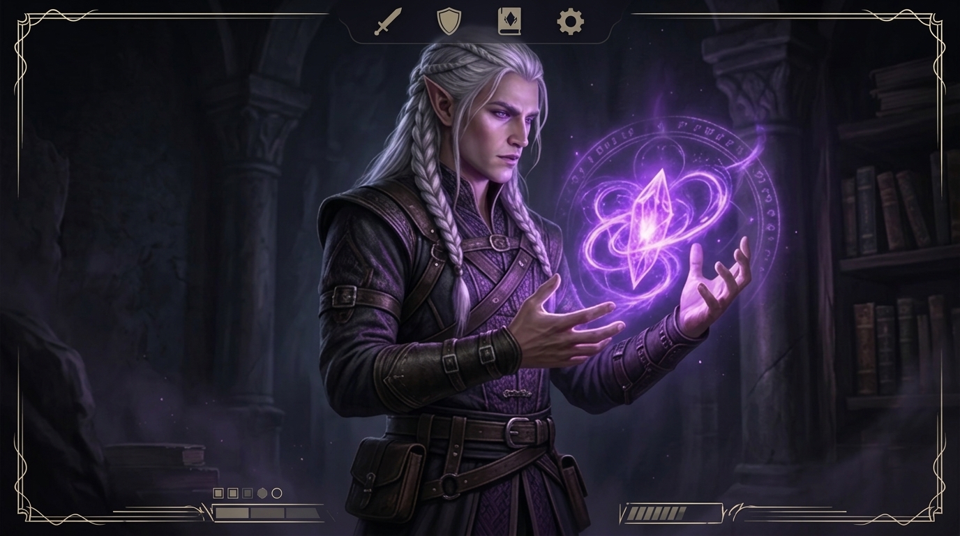 Silver-haired high-elf warlock conjuring violet crystal magic in a cinematic fantasy hero image for a dnd character creator guide