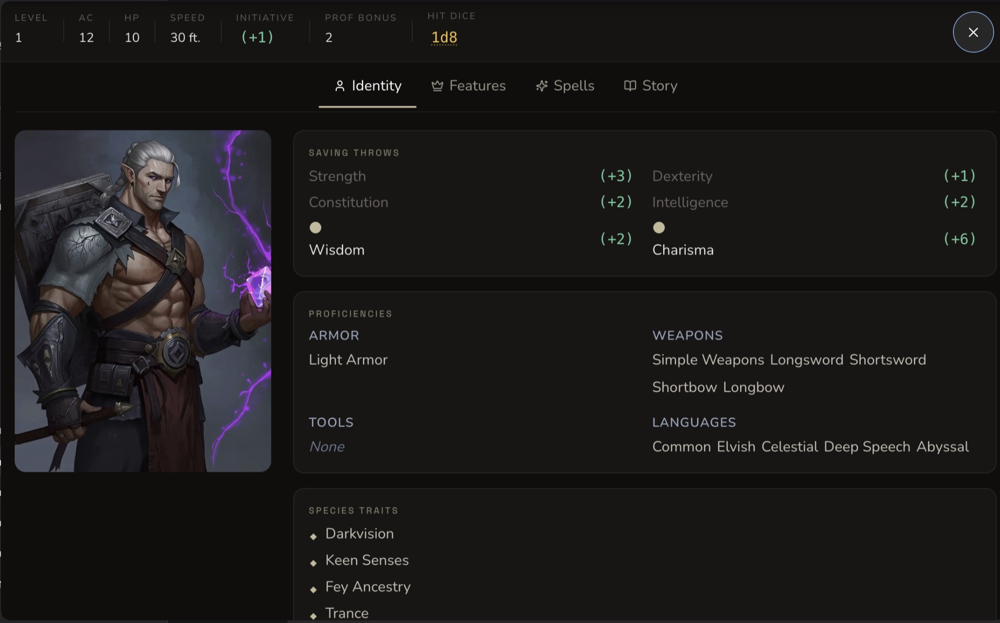CharGen character page hero view showing the warlock portrait, top action bar, and lower stat strip in the live UI