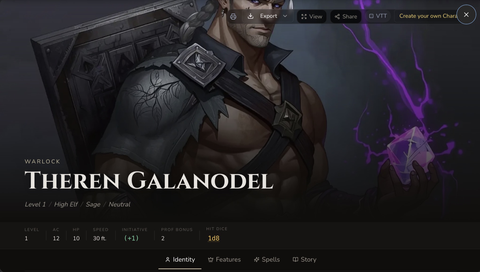 CharGen identity tab showing saving throws, proficiencies, languages, and species traits beside the portrait