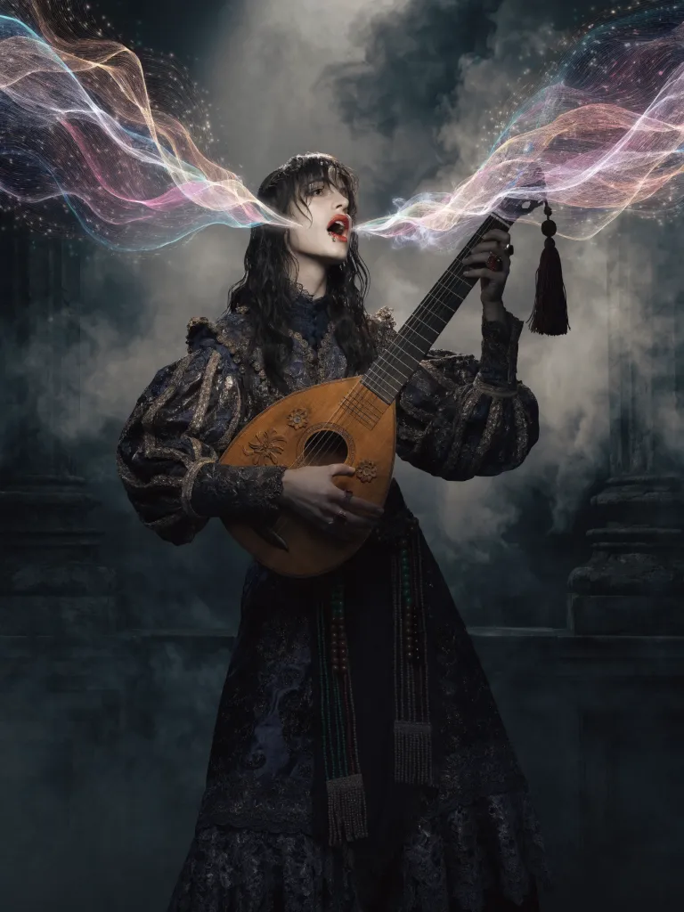 Moody voice-and-performance artwork that matches the kind of distinct intro cue I would attach to a bard or warlock build