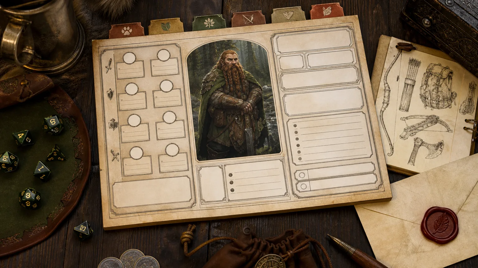 D&D character generator table-ready sheet image showing a portrait card, ability scores, spell notes, equipment, and export buttons arranged for play