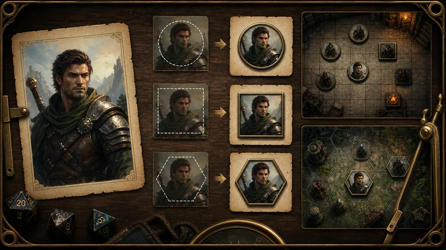 D&D character generator token workflow image showing a fantasy portrait being cropped into circular, square, and hex VTT tokens