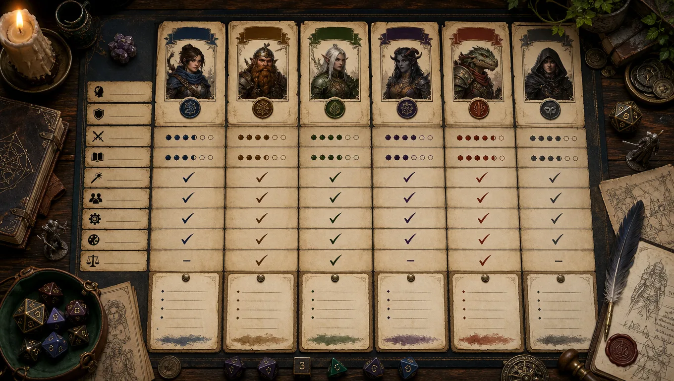 Fantasy tabletop comparison board showing D&D character generator tools as labelled cards with stats, portraits, tokens, and notes