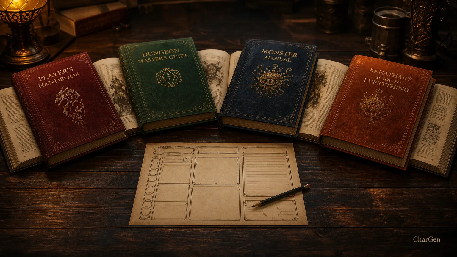 Four leather rulebooks fanned across a dark table beside a blank character sheet and a pencil
