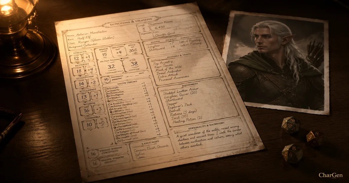 A finished D&D character sheet, a printed ranger portrait and dice on a dark oak table