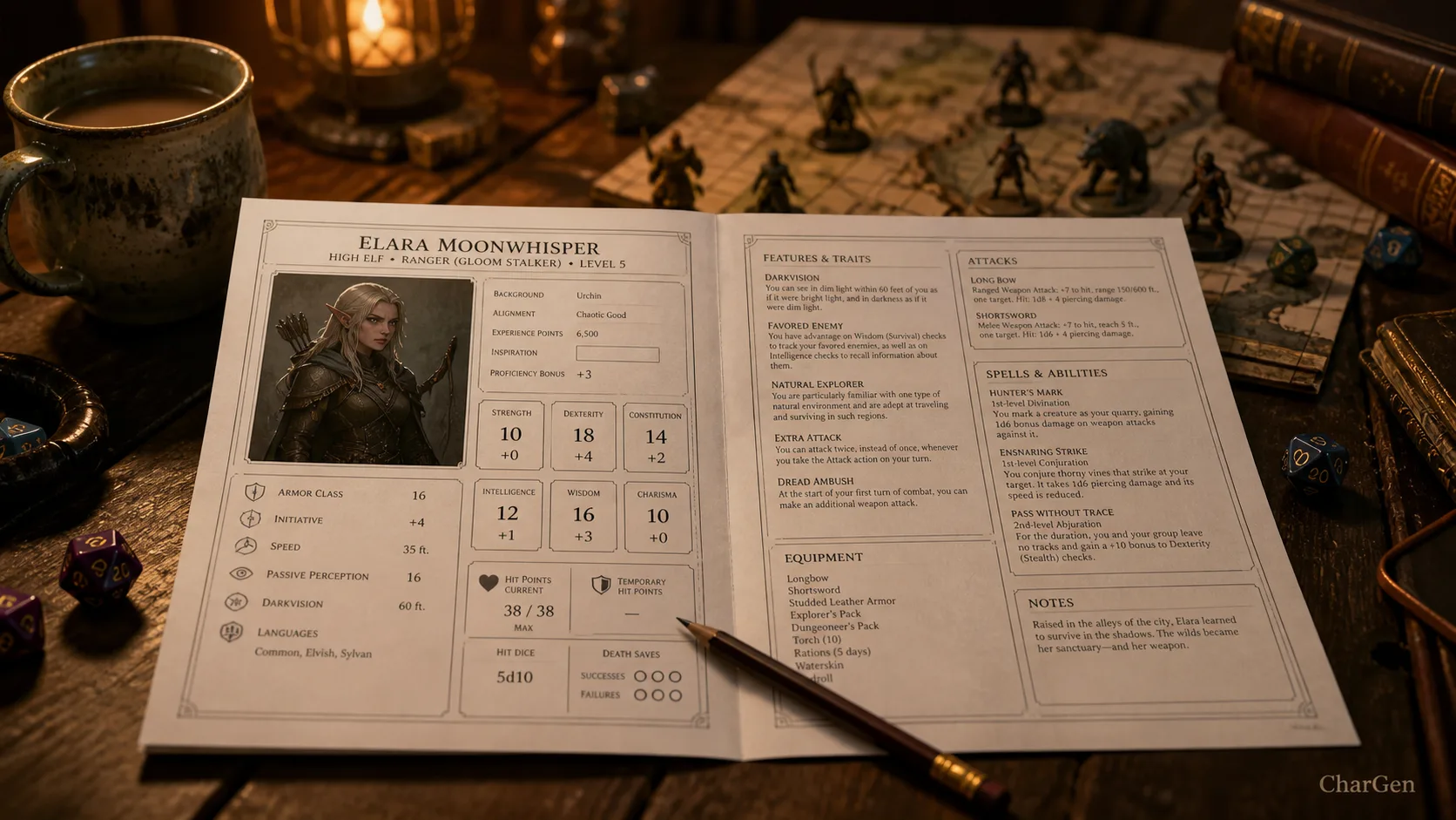 A freshly printed two page character sheet on a games table with a pencil, dice and a mug of tea