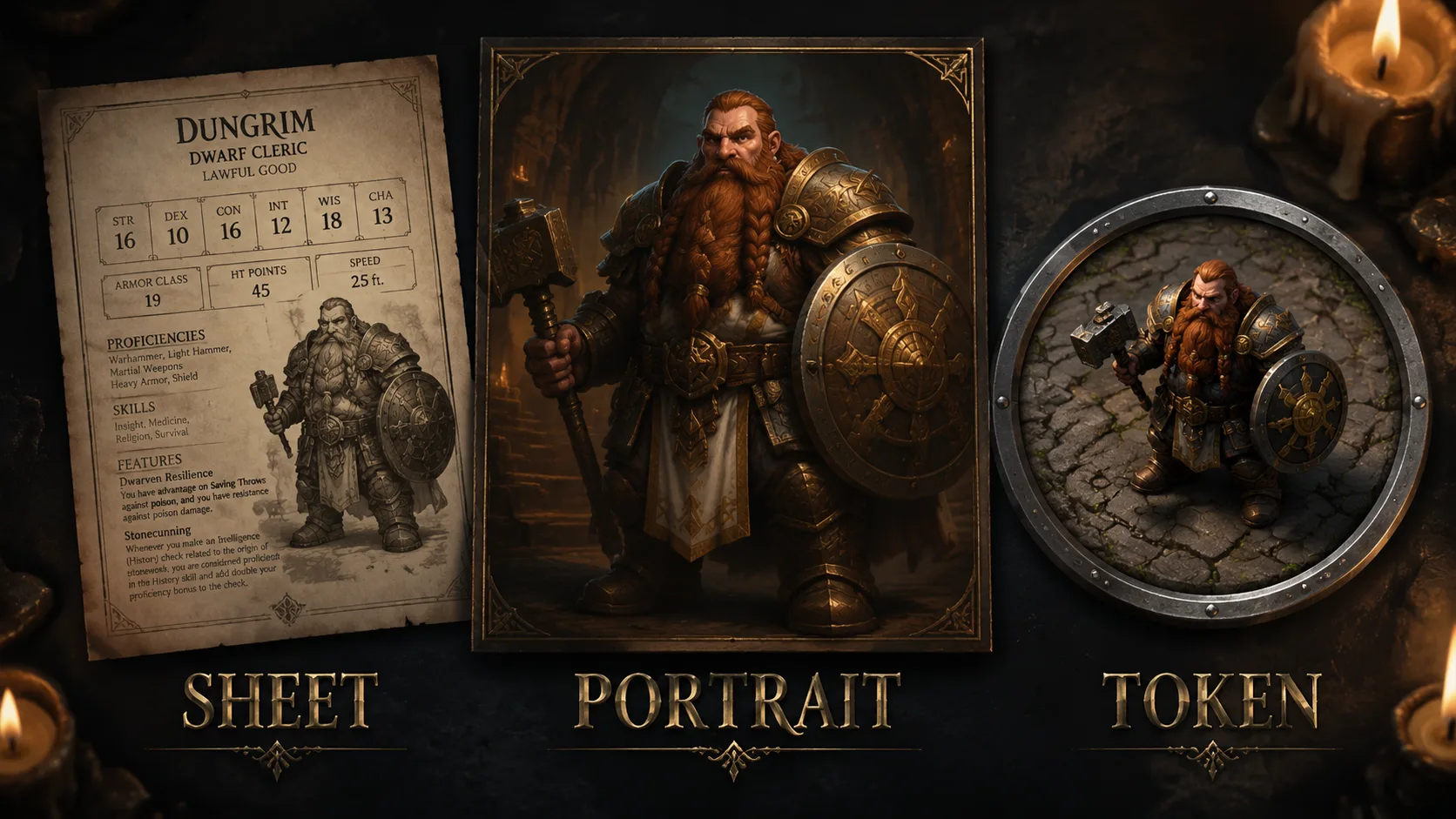 A character sheet, a dwarf cleric portrait and a round VTT token labelled sheet, portrait and token