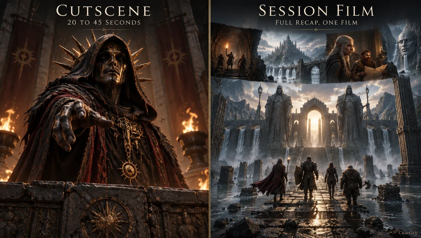 Split comparison plate contrasting a single cutscene boss reveal with a full session film montage