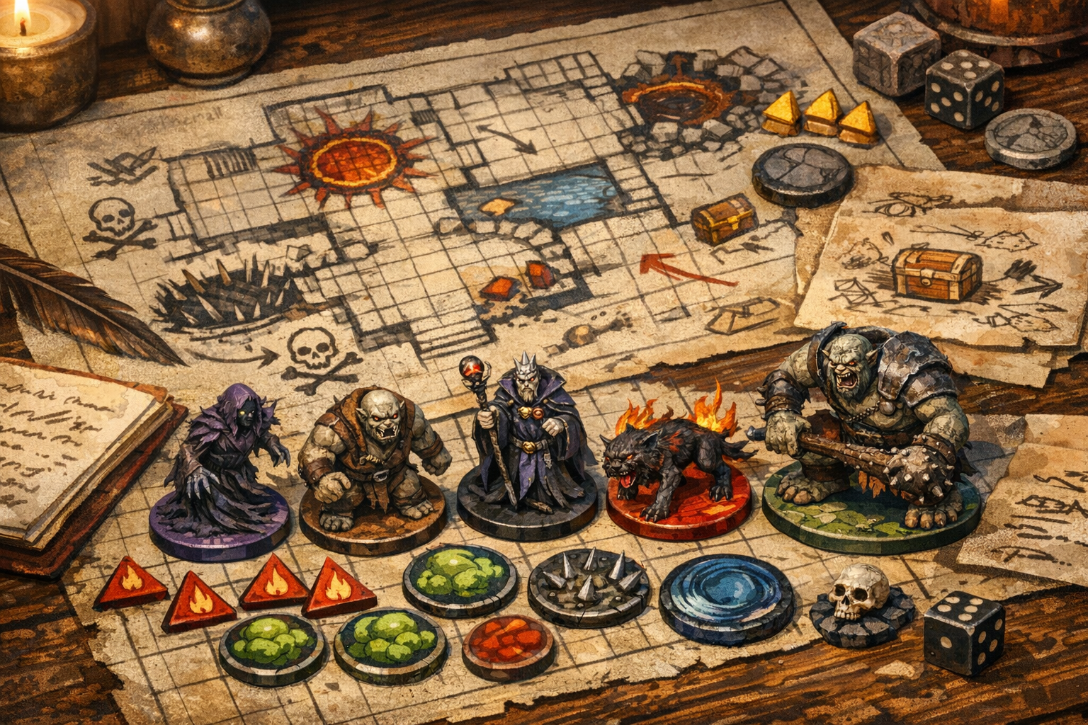 AI dungeon encounter balance board with monster tokens and hazard planning notes