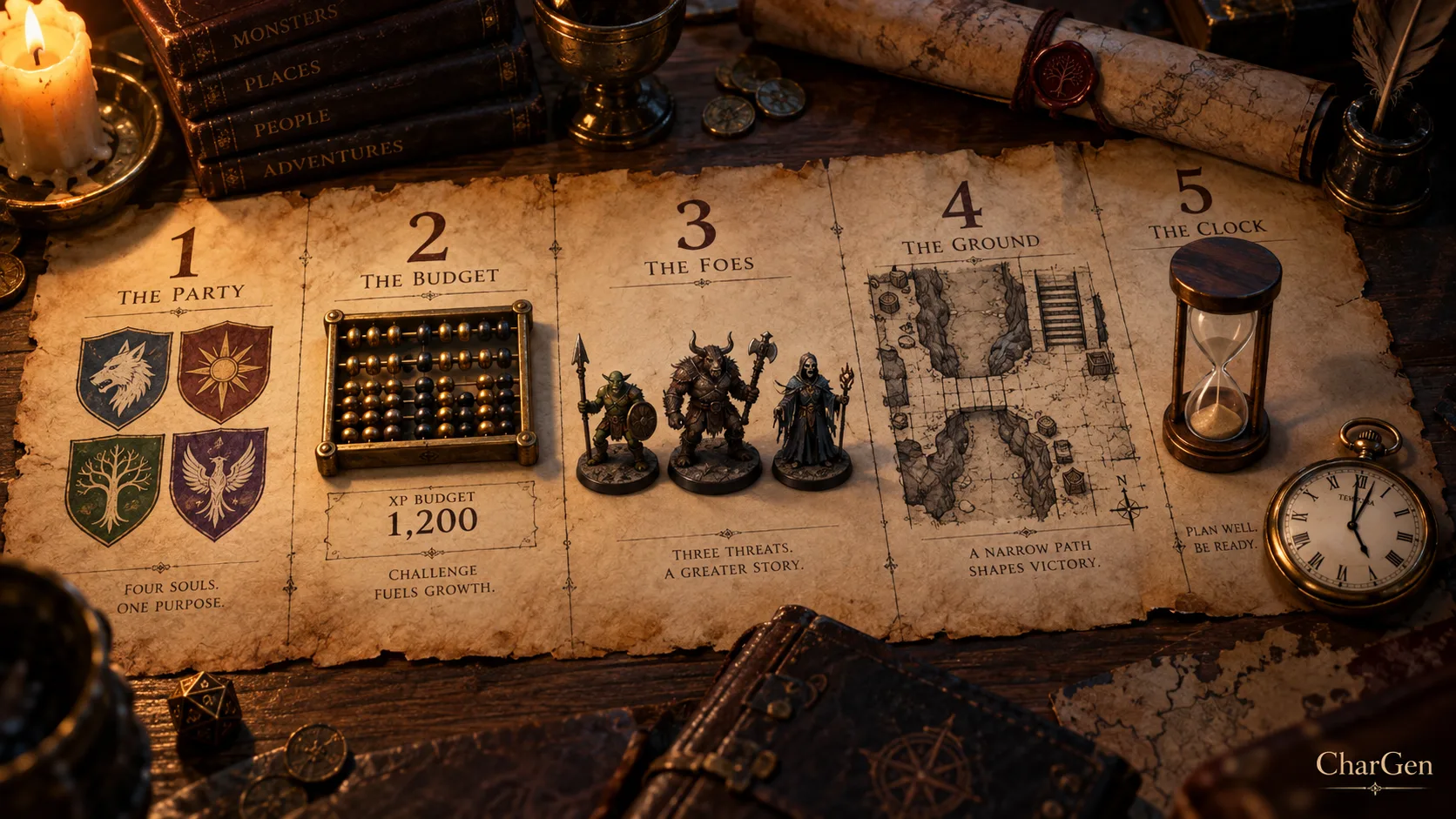 Five numbered stages of a D&D encounter builder pass laid out on parchment: the party, the XP budget, the foes, the ground, and the clock