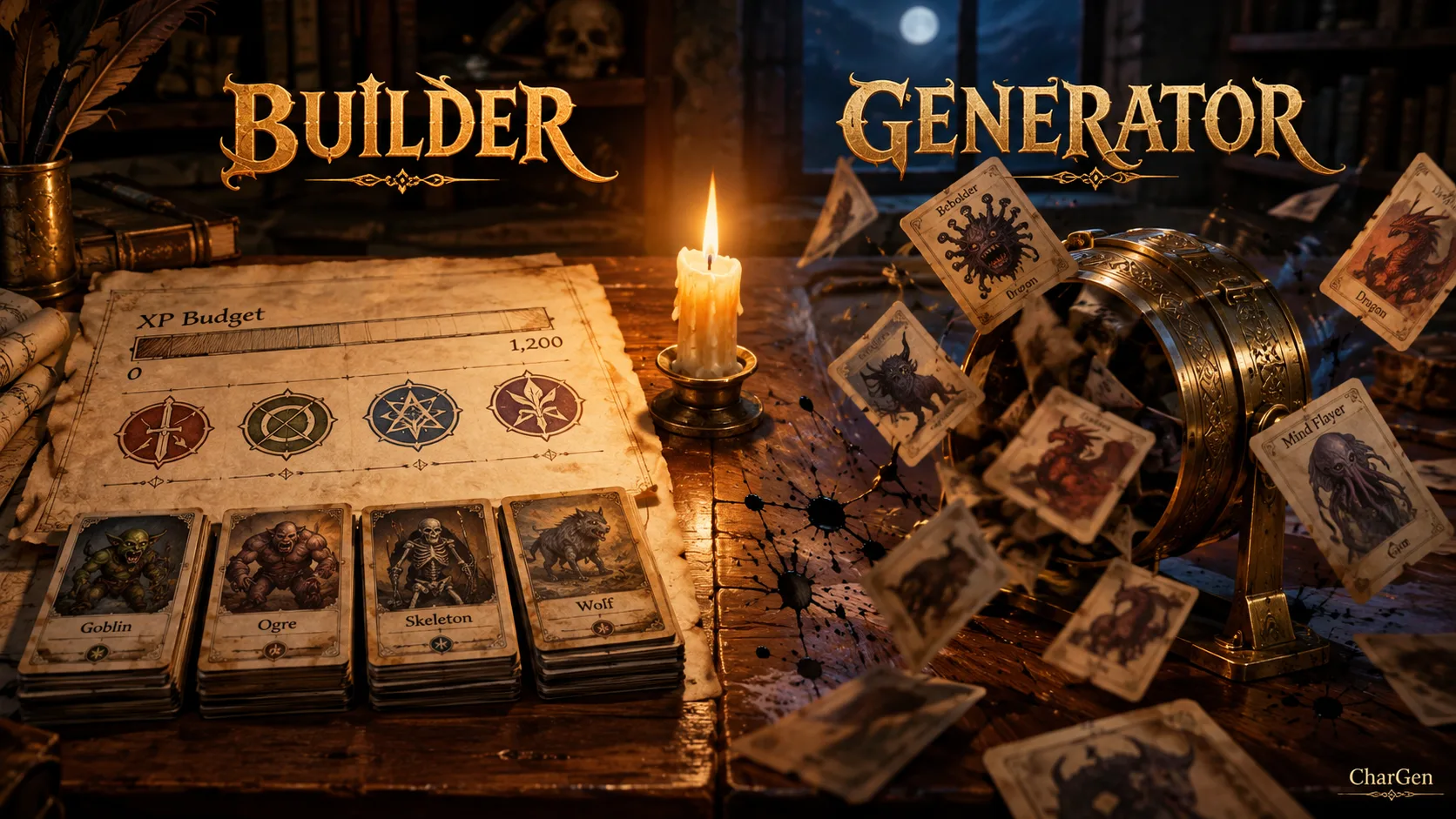 Split scene comparing a D&D encounter builder with an XP budget sheet and ordered monster cards against a random encounter generator flinging cards from a brass tumbler