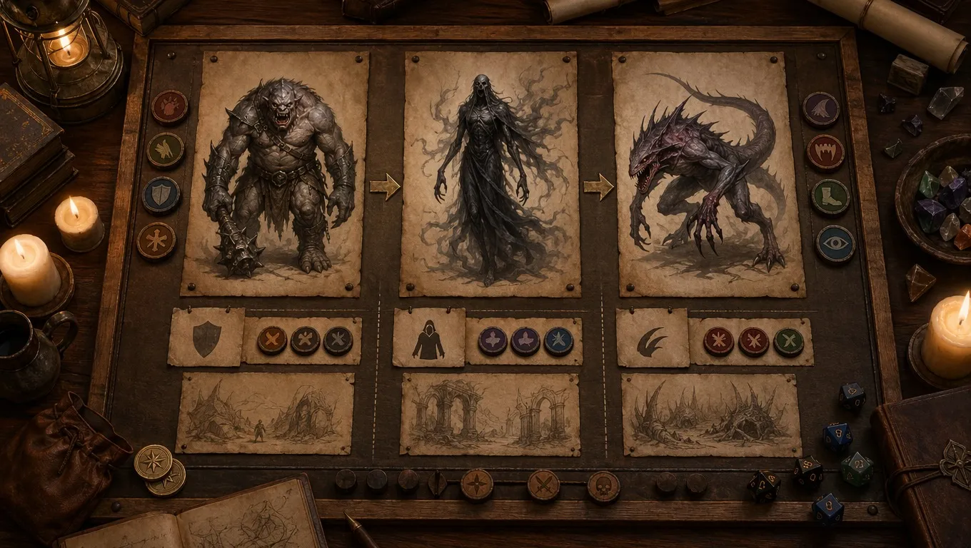 Fantasy encounter planning board comparing several monster concept options beside notes, tokens, and candles