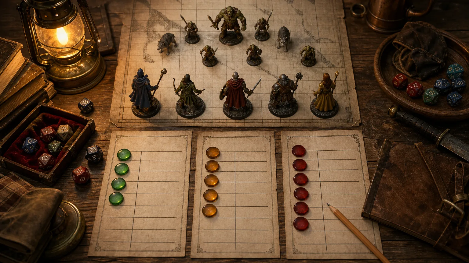 Five adventurer miniatures face an enemy group beside Low, Moderate, and High encounter planning markers