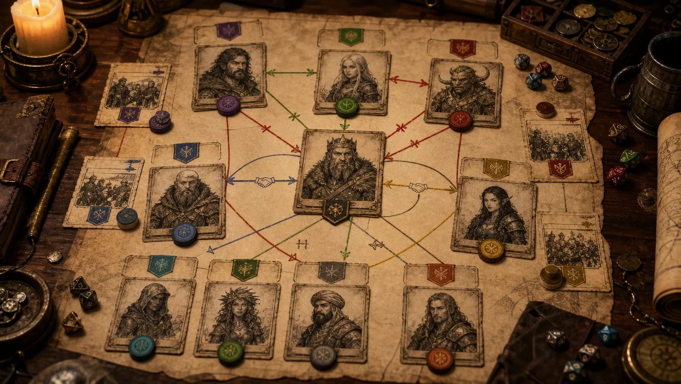 Fantasy faction relationship map for D&D campaign prep showing leader portraits, faction cards, allies, rivals, and enemy lines