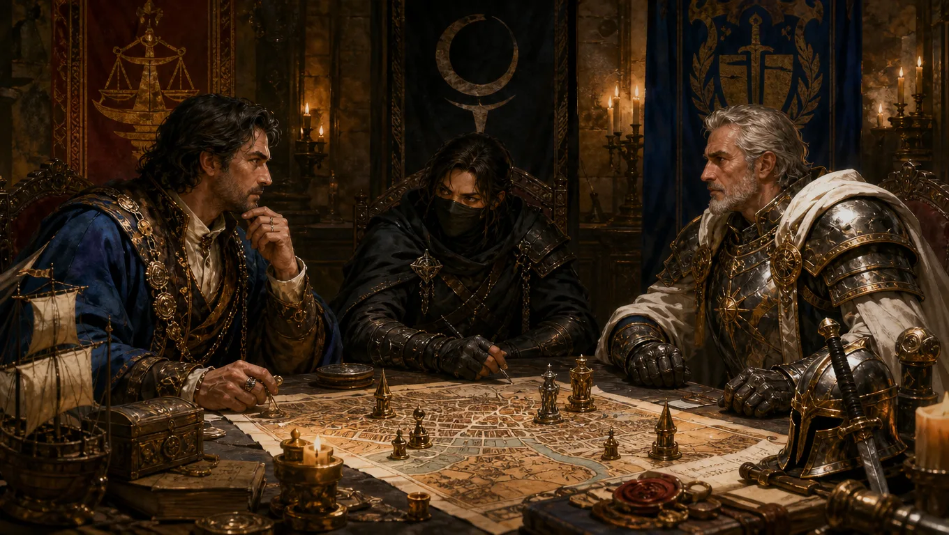D&D faction generator image showing rival guild, noble, and knightly factions gathered around a city map