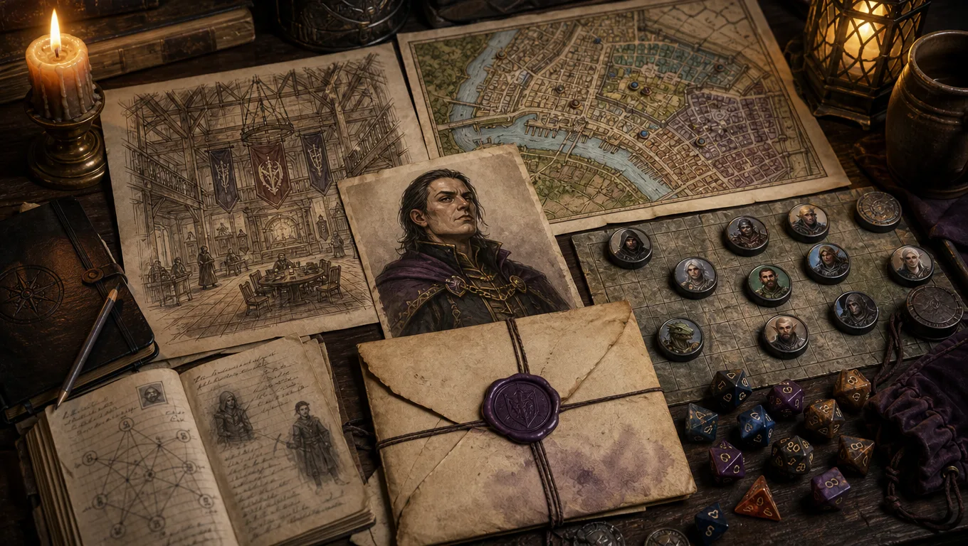 Fantasy DM prep image showing faction plot hooks as a guild hall sketch, NPC portrait, sealed contract, city map, and VTT tokens