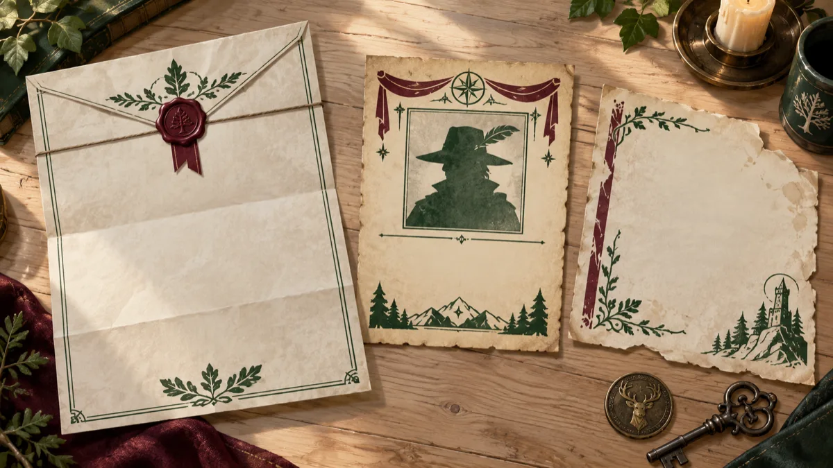 Three fantasy handout formats, a sealed letter, a wanted notice and a diary clue, on one table