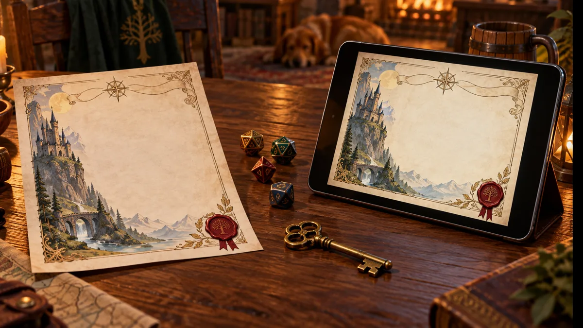 A printed fantasy letter beside a tablet with the same clue ready for an online game