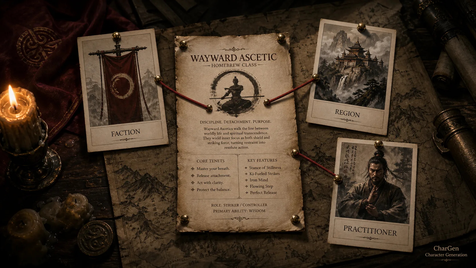 A dark map-room table with a homebrew class page connected by red cord to pinned faction, region and practitioner cards
