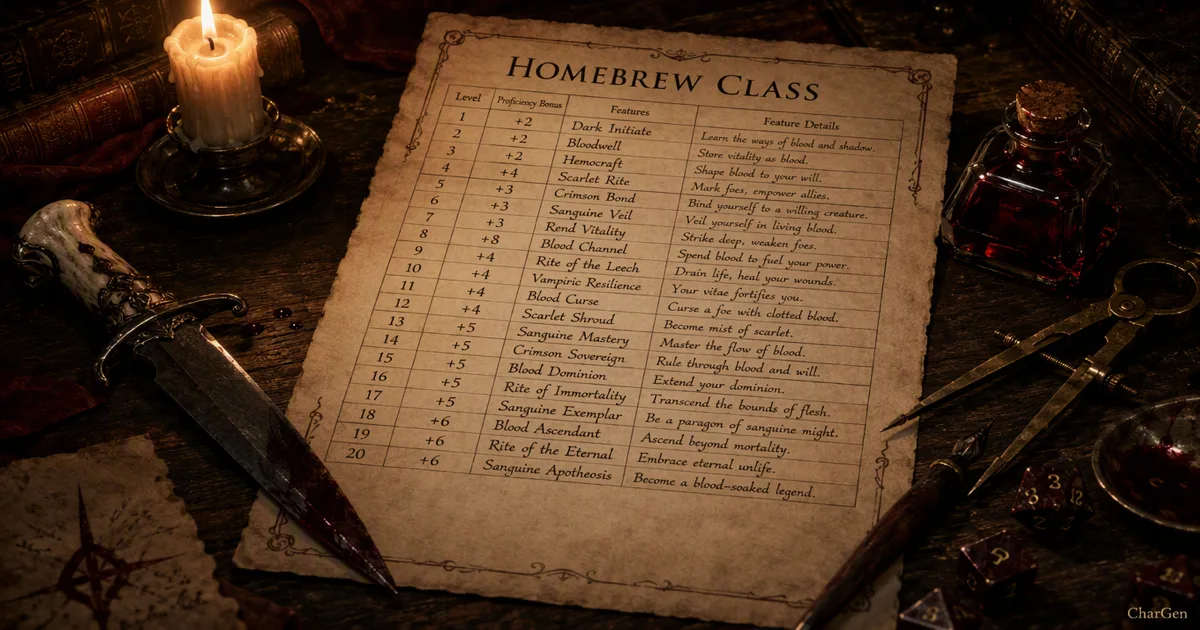 A candlelit desk with a handwritten homebrew D&D class document showing a 20-row level progression table, dagger, red ink and dice