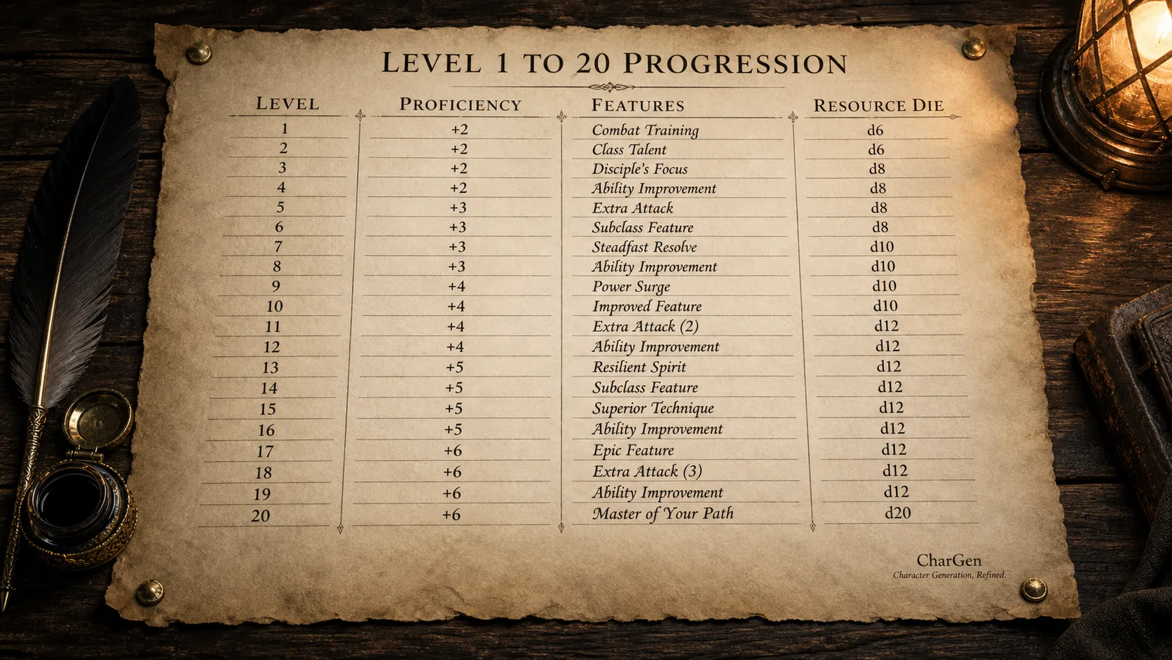 A parchment level progression chart pinned to a dark table showing twenty numbered rows, proficiency column and feature names for a homebrew D&D class