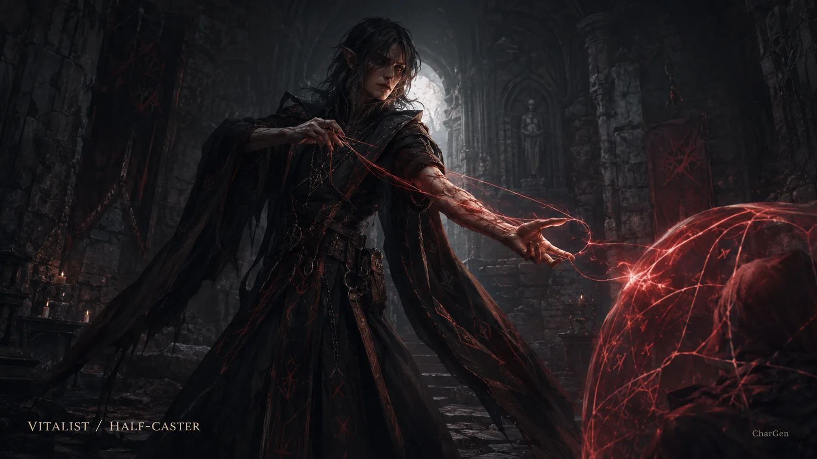 Concept art of a gaunt half-elf Vitalist in dark robes drawing crimson light from their own wrist to weave a protective ward