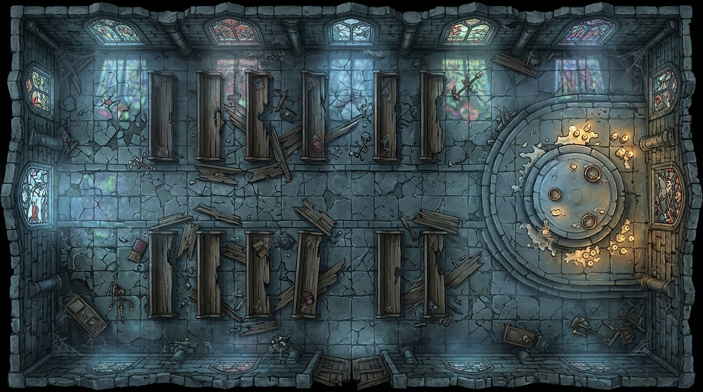 Haunted chapel battlemap with broken pews, moonlight through stained glass, ritual candles, damp stone, and a central altar