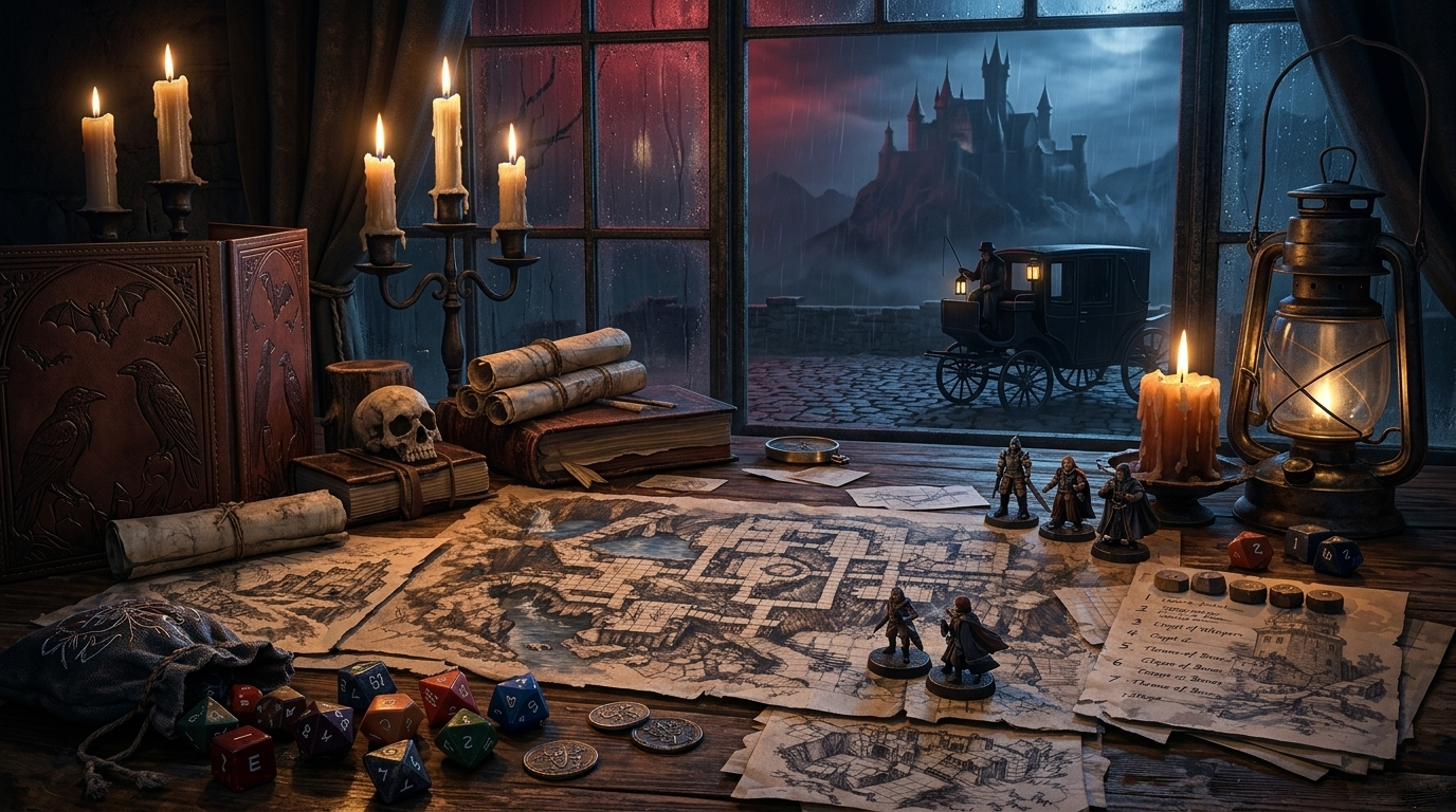 Candlelit gothic tabletop prep scene with maps, a haunted castle, rain-streaked windows, and a carriage outside for a dnd horror one-shot