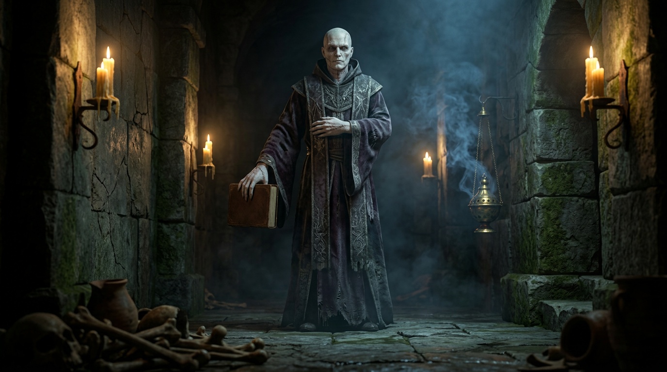 Dark fantasy monster reveal showing a pale ceremonial guardian in candlelit crypt shadows with cracked stone and drifting incense