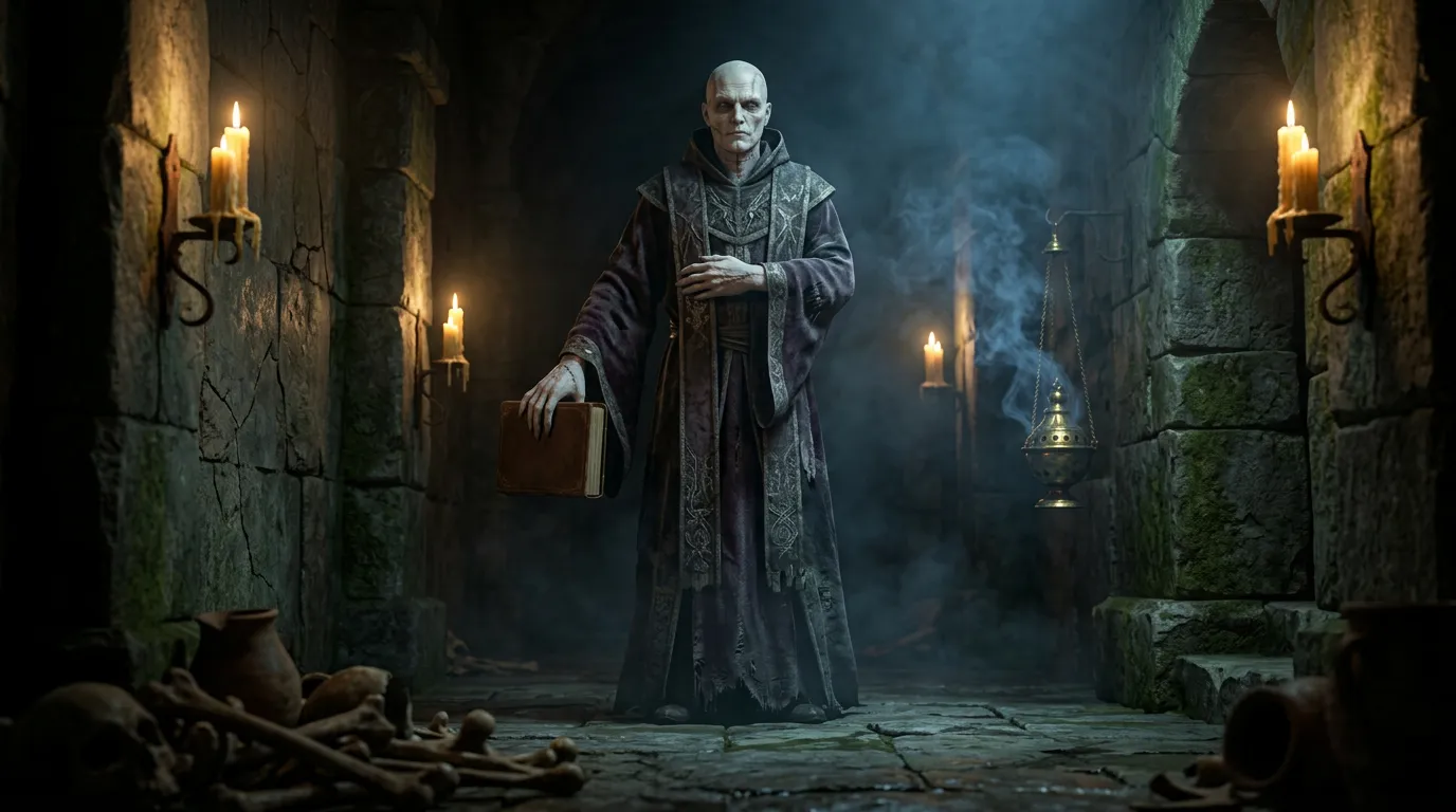 Dark fantasy monster reveal showing a pale ceremonial guardian in candlelit crypt shadows with cracked stone and drifting incense