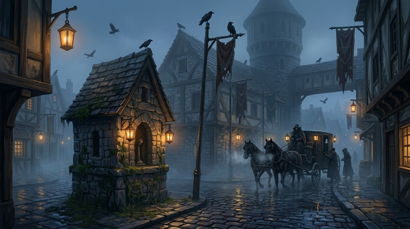 Fog-drenched gothic village arrival with crooked houses, wet cobblestones, lantern light, ravens, and a carriage at dusk