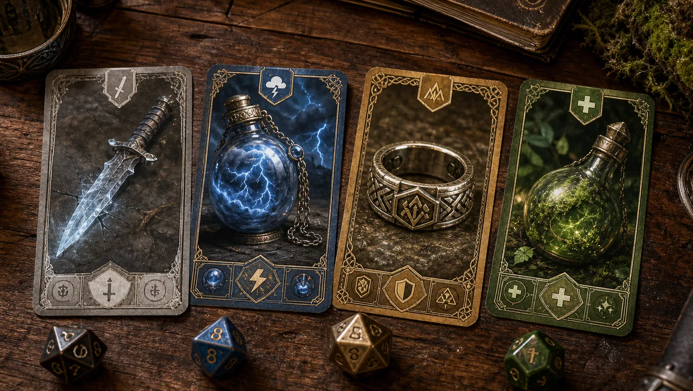 Close editorial fantasy still life of four unique D&D magic item reward cards with dice, coins, and tabletop notes