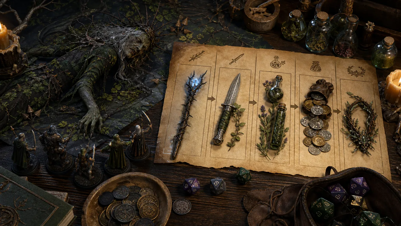 Fantasy RPG loot generator workflow showing a defeated hag encounter turning into themed rewards, coins, item cards, and dice