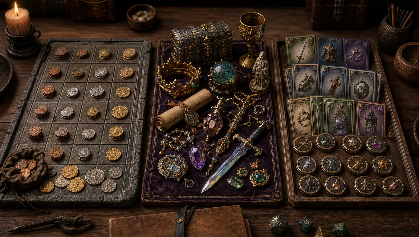 Comparison visual for D&D loot tools showing random treasure, story-rich AI loot, and VTT-ready item cards as tabletop objects