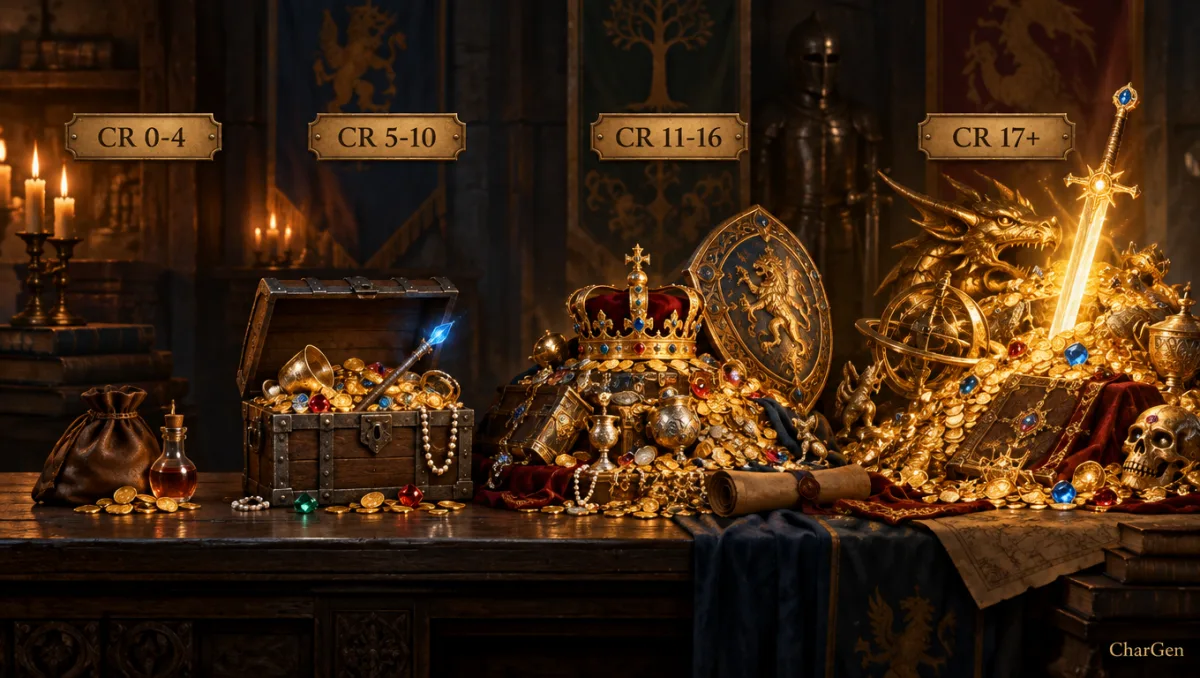 D&D treasure hoard generator guide showing four hoards on a table, labelled CR 0-4, CR 5-10, CR 11-16 and CR 17+