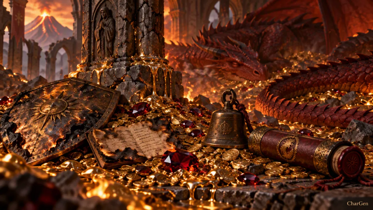 Dragon hoard generator example of a young red dragon's lair with melted gold, red garnets, a scorched shield, a bronze bell and a sealed scroll case