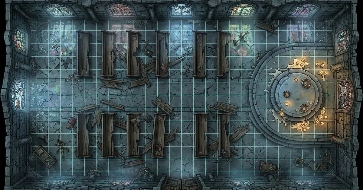 DND map generator battlemap handoff image showing a top-down chapel map with grid lines, cover, ritual platform, and VTT-ready layout