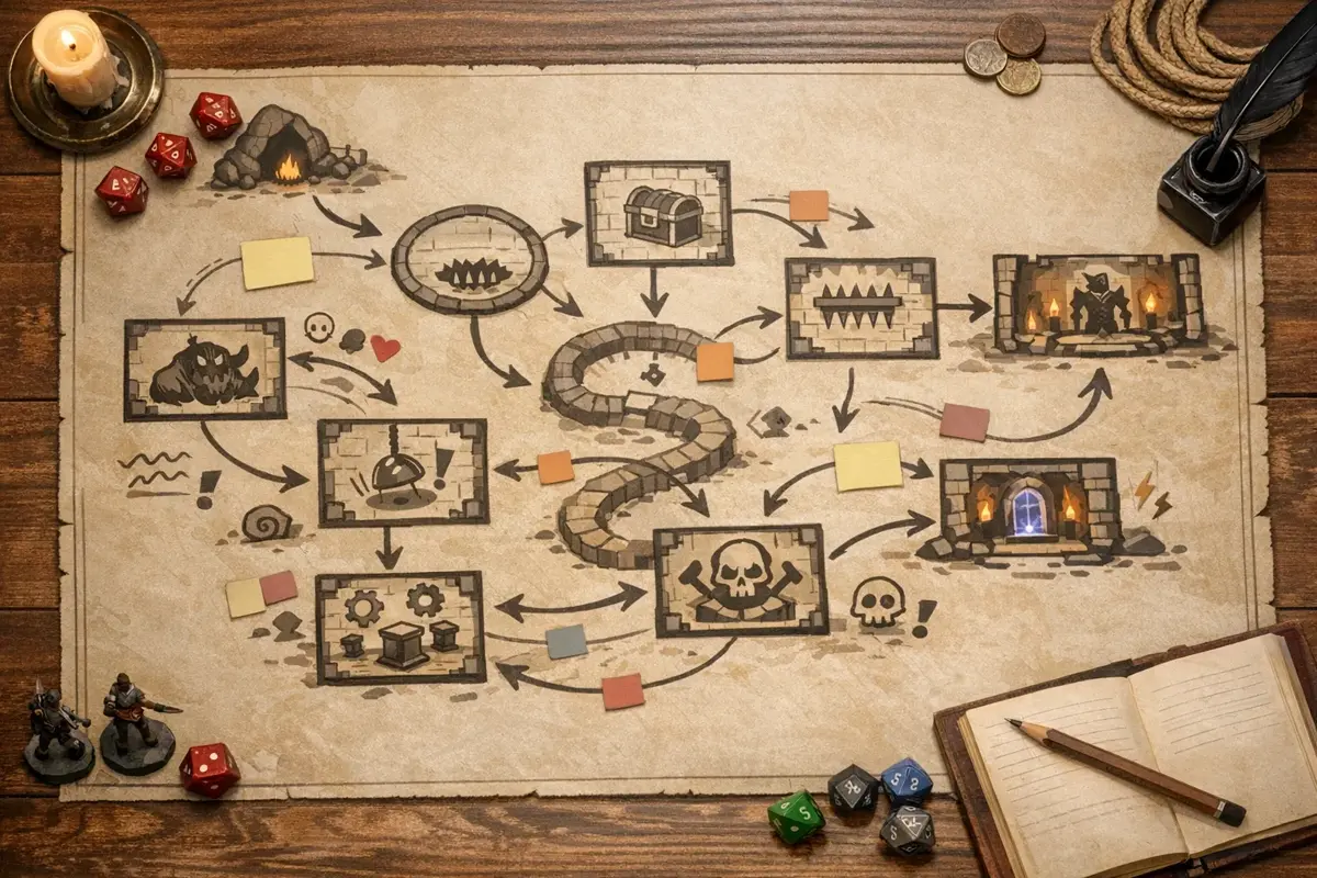 Hex crawl planning map showing dungeon rooms, travel arrows, encounter sites, dice, and sticky notes for D&D exploration prep