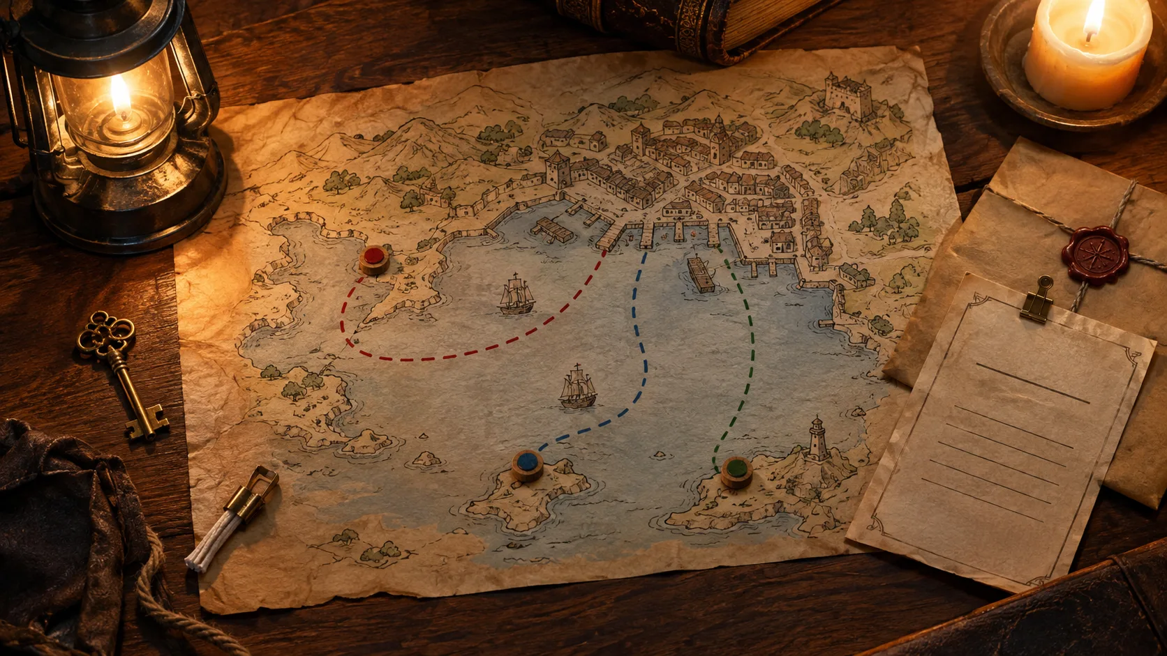 Game master's mystery prep desk with a harbour map, three clue routes, brass key, wick, and lantern miniature