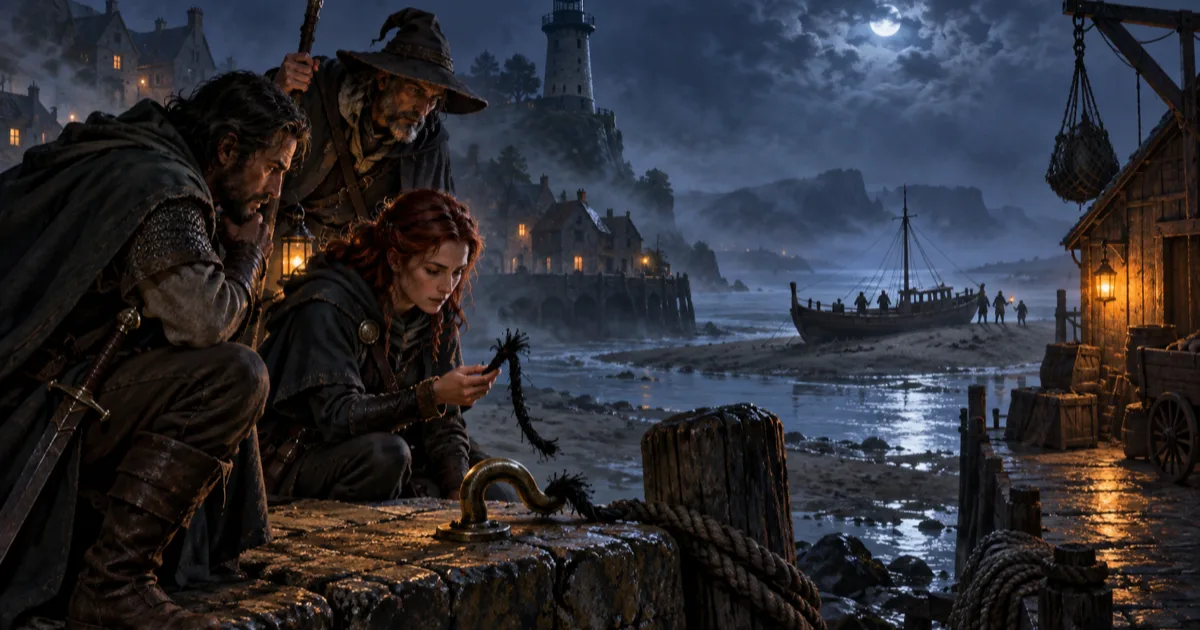 D&D mystery generator scene at a dark lighthouse, with adventurers examining a cut wick cord above a grounded ferry