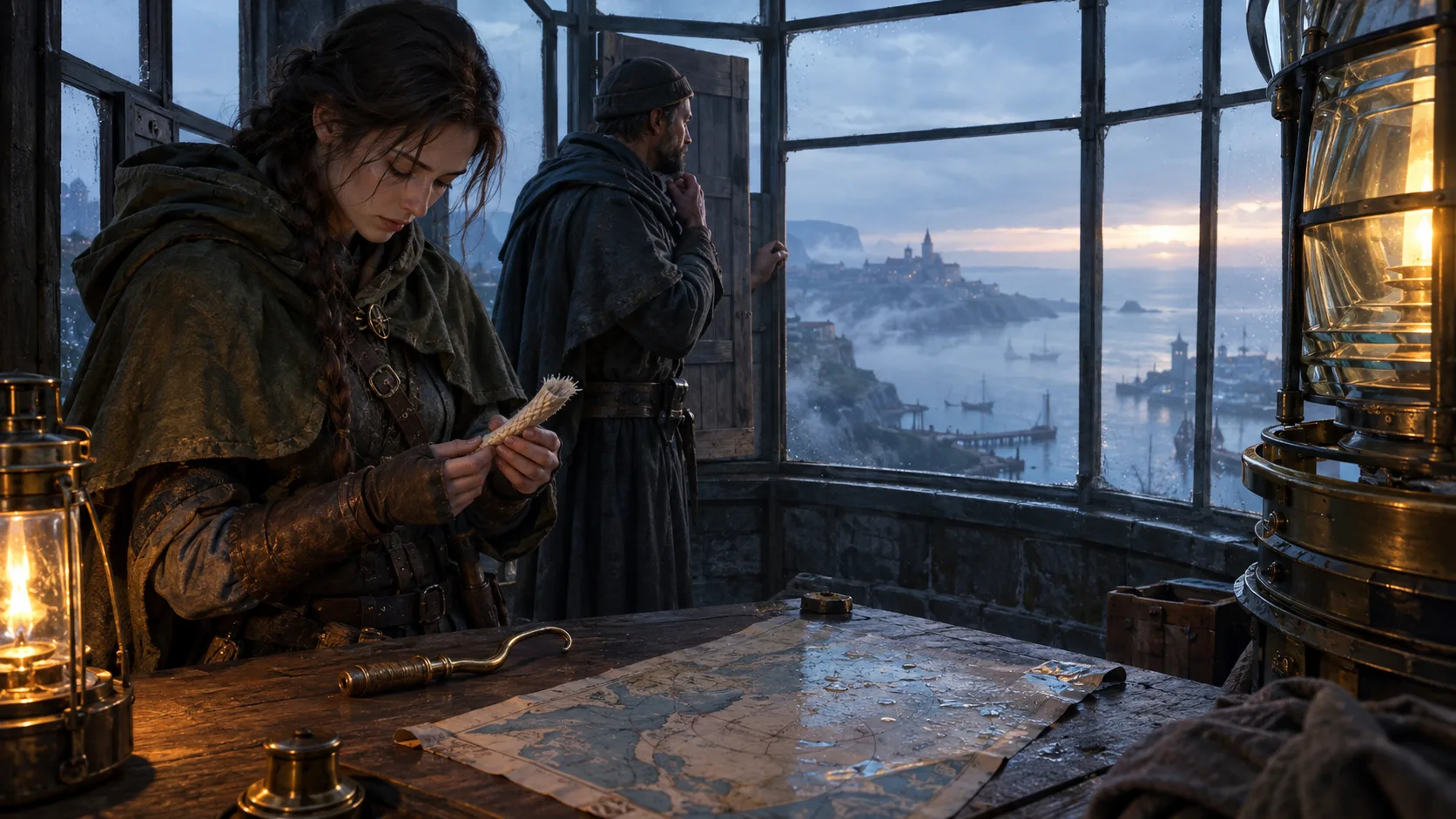 D&D mystery clues on a workbench in the lighthouse, including a cut wick, brass hook, and rain-marked tide chart