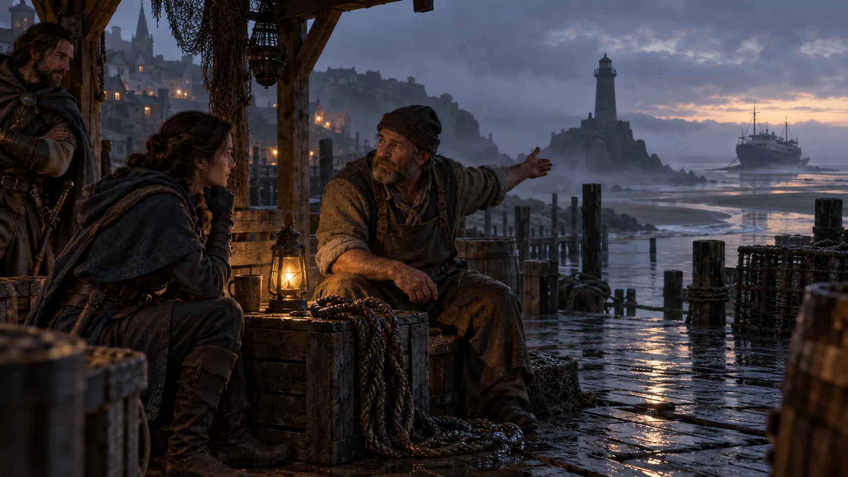 Adventurer interviewing a dock worker about the lighthouse blackout at a foggy harbour